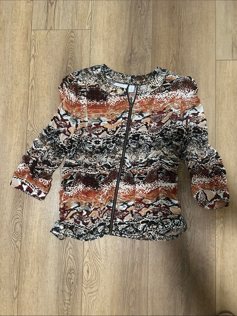 Chico’s Size 2 Abstract Animal Print Ruched Zip Front Jacket